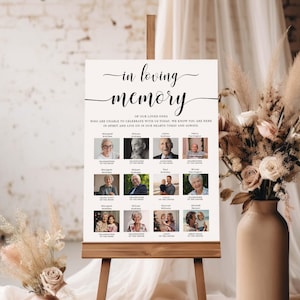 May include: A white sign with black text that reads "in loving memory" and a list of names and photos of loved ones. The sign is on a wooden easel.