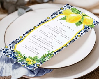 Modèle de menu à imprimer, Carrelage bleu de Positano, Citrons, Côte italienne d'Almalfi, Menu de table de mariage, Menu nuptiale de douche, Menu de baby shower