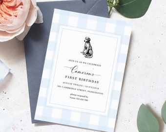 Blue Gingham Dog First Birthday Invitation, BBQ Party (Printable)