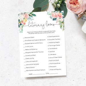 Printable Literary Loves Game, Book Characters Game, Bridal Shower Game, Famous Couples Game, Book Theme Shower, Afternoon Blooms