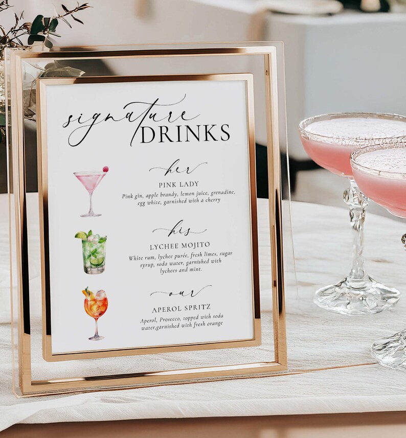 Signature His, Her, Our Drinks Menu Sign, Printable Wedding Signature Cocktail Sign, Minimalist Wedding, Cocktail Bar Cart Sign, Ellesmere