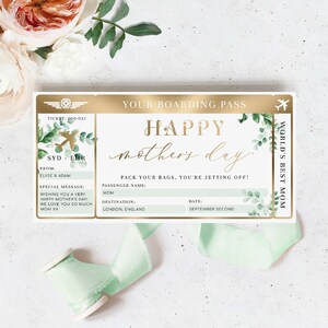 Bearbeitbare Muttertags-Bordkarte, Muttertagsgeschenkgutschein, druckbares Fake-Flugticket, Urlaubsgeschenkgutschein, Ferras Greenery