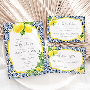 Printable Baby Shower Invitation, Book Request, Raffle Ticket, Positano Blue Tile Lemons, Italian Almalfi Coast, Boy Baby Shower Evite