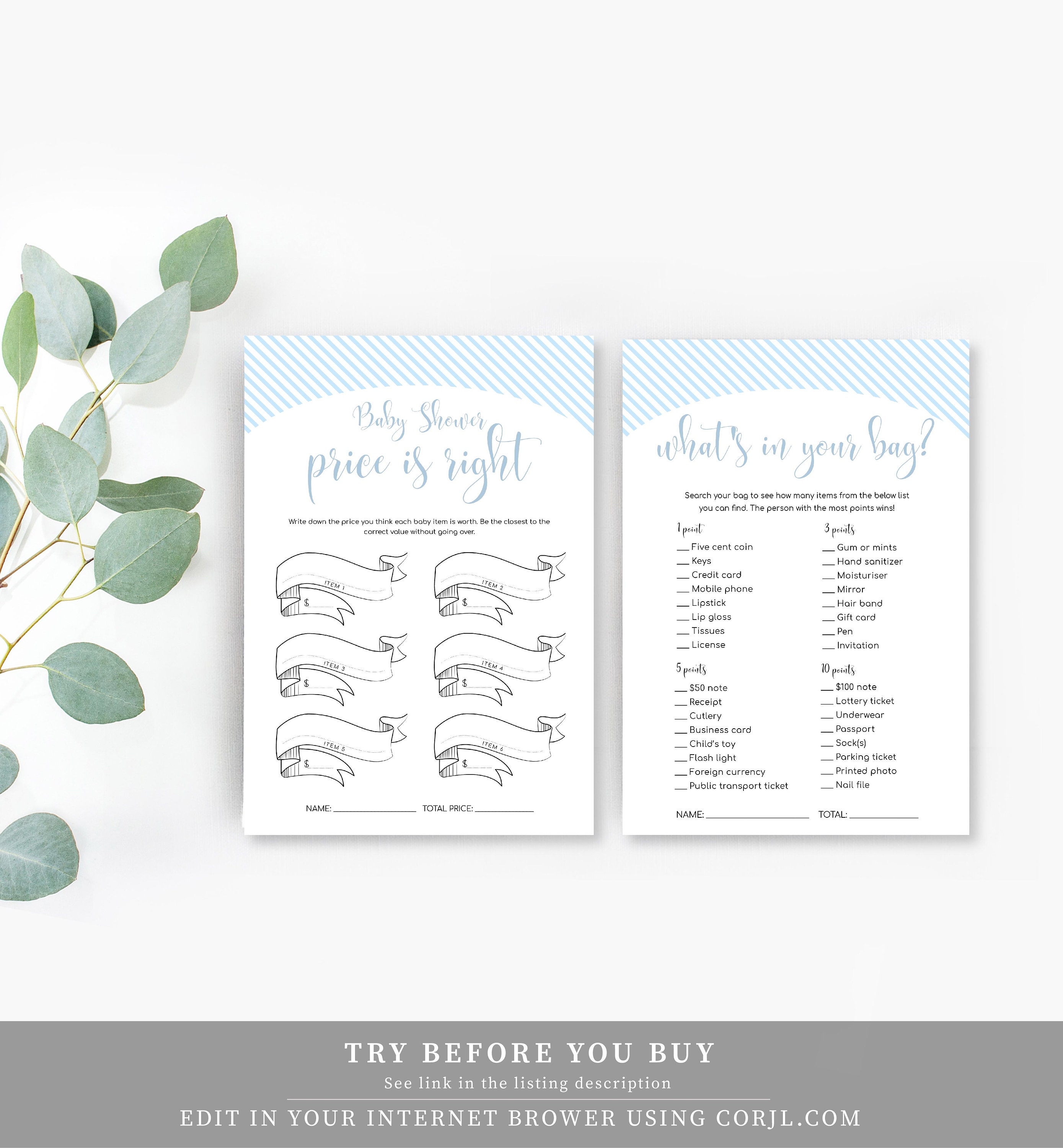 Blue Stripe Baby Shower Games Bundle – Printable & Editable (PDF) - Etsy