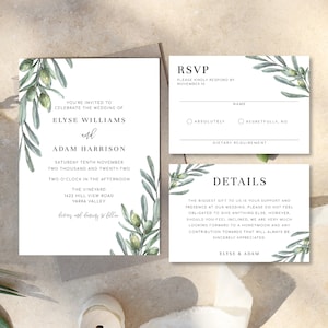 May include: A wedding invitation featuring olive branch illustrations. The invitation is for Elyse Williams and Adam Harrison, and it states the wedding will take place on Saturday, 10th November 2022 at 2:00 PM at The Vineyard, 1622 Hill View Road, Yarra Valley. The RSVP card includes a space for the guest's name, a choice of "Absolutely" or "Regretfully, No", and a space for dietary requirements.