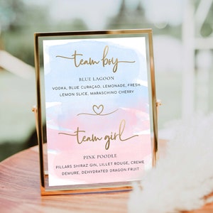 Znak menu napojów Team Girl Team Boy, różowo-niebieska akwarela, drukowany znak menu na baby shower, znak napojów na przyjęcie dla par, znak na napoje bezalkoholowe