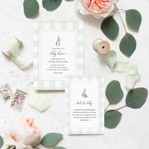 Miętowo-zielone zaproszenie na baby shower w kratkę gingham z króliczkiem, książki na kartkę dla dziecka - edytowalne zaproszenie na baby shower bez względu na płeć, prośba o książkę