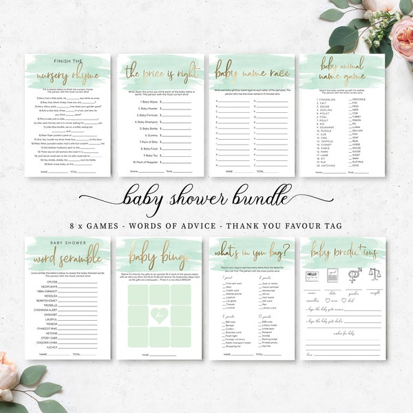 Green Baby Shower Games Bundle Pack - Gender Neutral Baby Shower - Mint Green Watercolour - Gold Foil - Printable Baby Shower Games Bundle