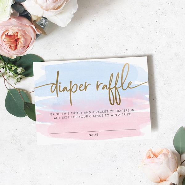 Printable Diaper Raffle Sign and Ticket, Gender Neutral Baby Shower Nappy Raffle Ticket, Gender Reveal Party Game, Pink and Blue Watercolour