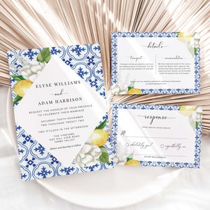 Hochzeitseinladungsvorlage, Hochzeitsdetails, Antwortkarte, Mittelmeerblaue Kachelzitronen, druckbare Hochzeitseinladung, The Med