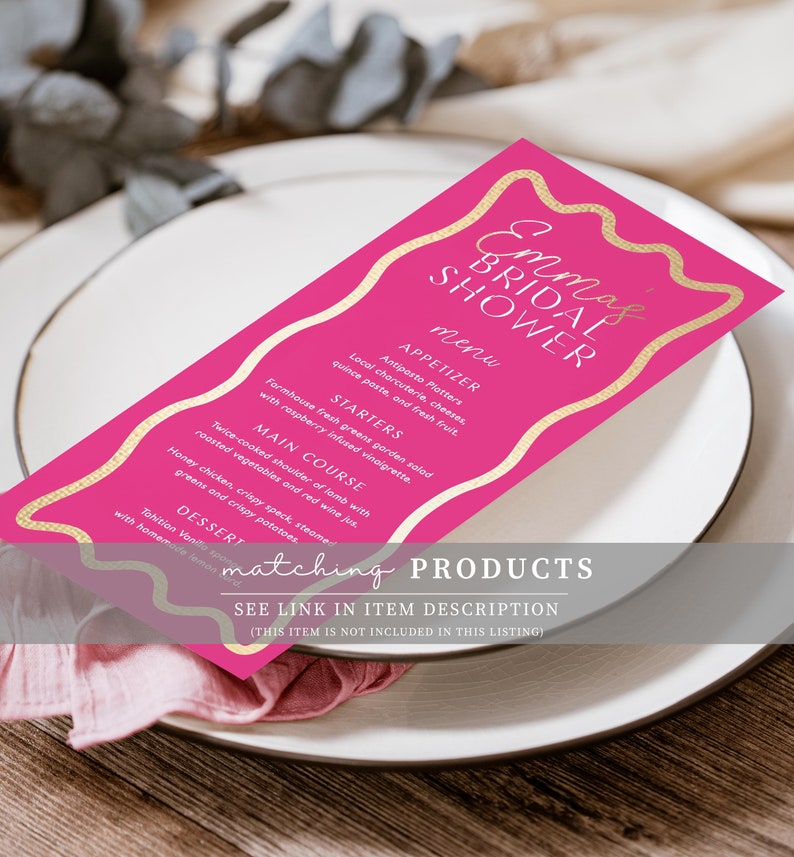 Marque-places imprimables, courbes en forme de vague, or rose vif, cartes de noms modifiables pour baby shower, cartes de table pour enterrement de vie de jeune fille soirée, cartes pour baby shower image 8