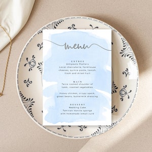 Editable Printable Menu Template - Wedding Menu - Blue Watercolor Menu - DIY Menu - Editable Template - DIY Wedding Stationery - Silver Foil