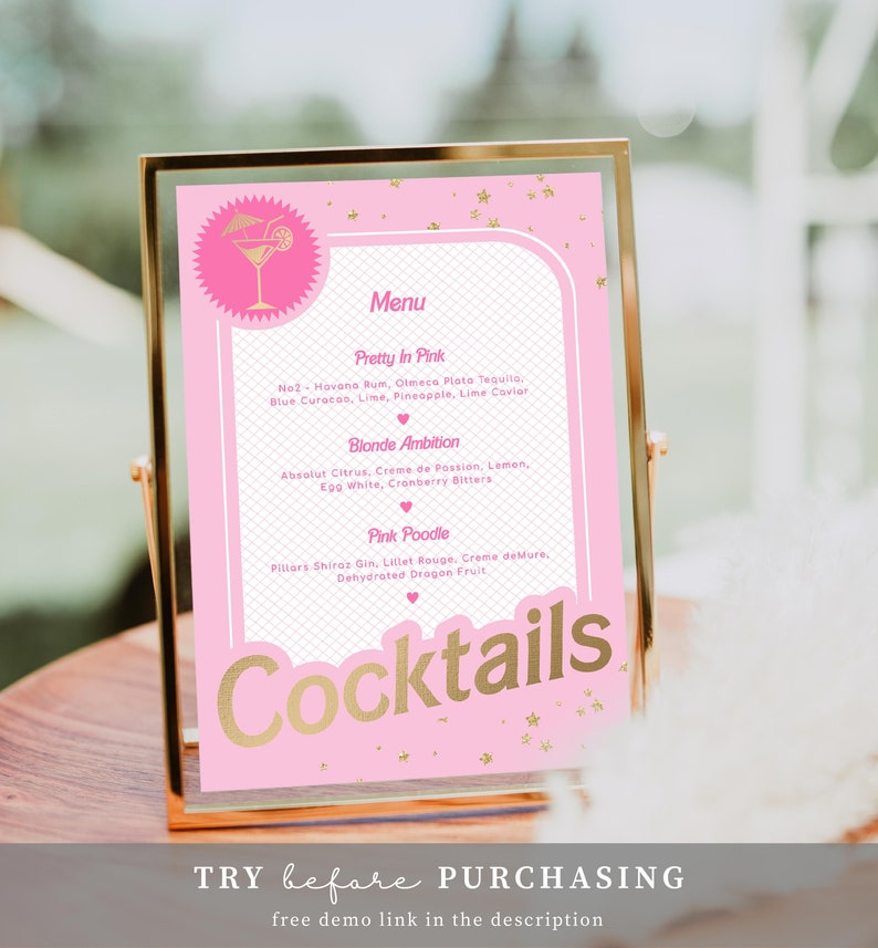 Menu Sign Pink Printable Pink Gold Cocktail Menu Sign (digital Download), Dolly - Etsy ...