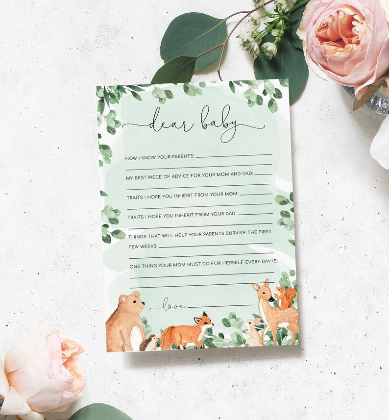 Dear Baby Game, Woodland Animals Baby Shower Wishes For Baby Game, Printable Gender Neutrals Forest Animals Words Of Advice Game image 1