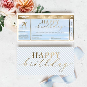 Modèle de carte d’embarquement joyeux anniversaire - Faux billet d’avion surprise aquarelle bleue imprimable - Cadeau de billet d’avion de vacances - Feuille d’or
