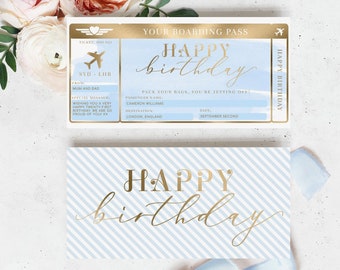 Happy Birthday Boarding Pass Template - Printable Blue Watercolour Surprise Fake Airline Ticket - Vacation Airplane Ticket Gift - Gold Foil