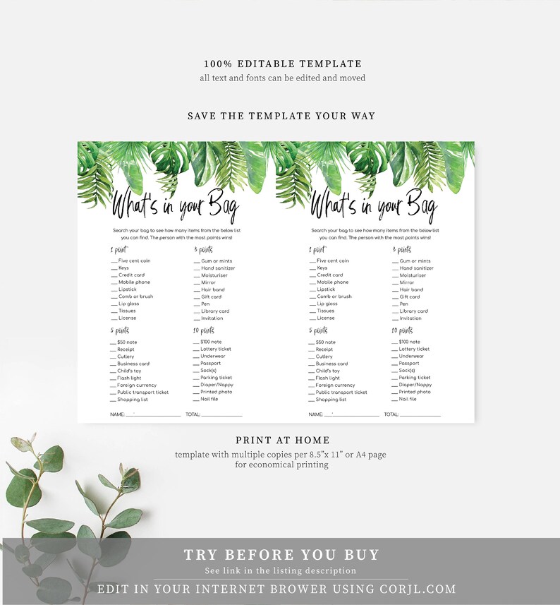 Printable Tropical What's In Your Bag Purse Game Etsy
