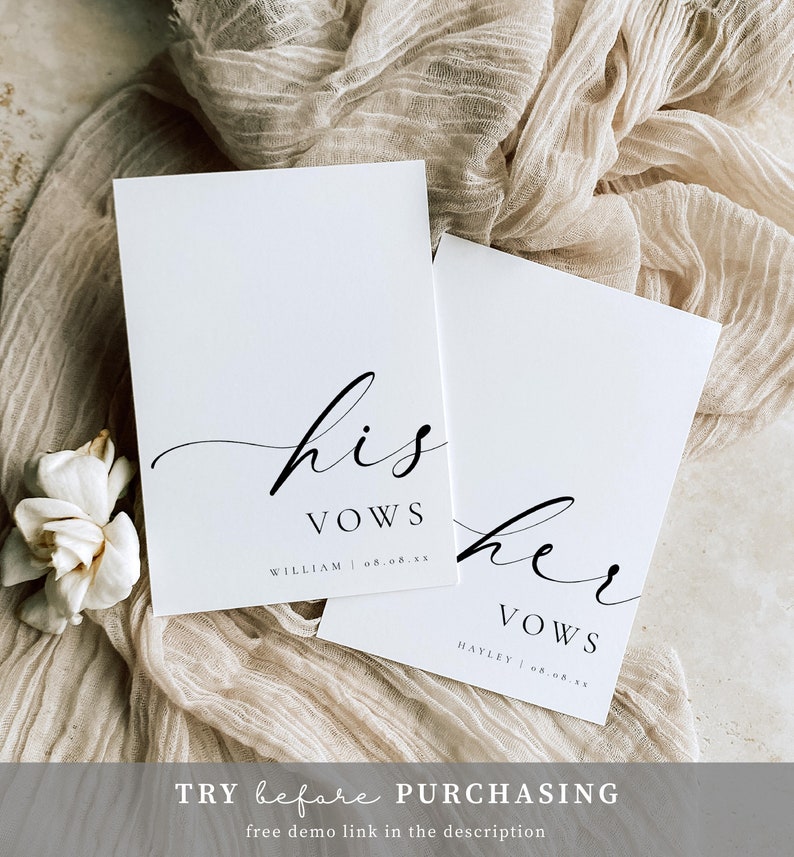 Printable His And Her Vow Books, Bride and Groom Wedding Day Card Template, Minimalist Wedding Vows Card, Wedding Ceremony Card Ellesmere