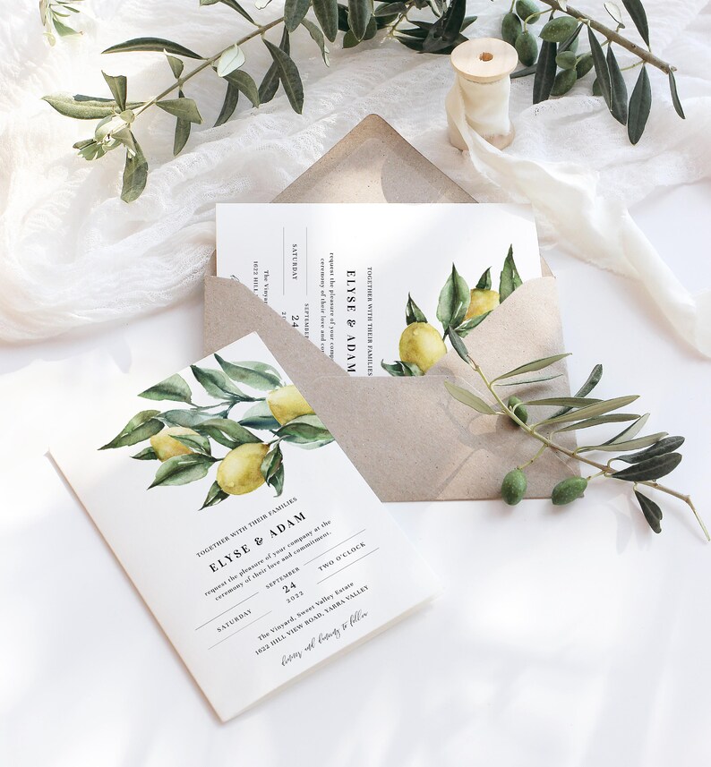 Printable Wedding Invitation Suite, Detail and RSVP Postcard,  Italian Lemons Editable Wedding Invitation Set, Italian Amalfi Lemons, Tuscan