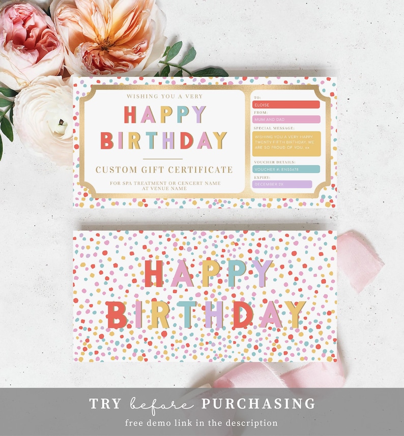 Happy Birthday Custom Gift Voucher Template Printable | Etsy Australia