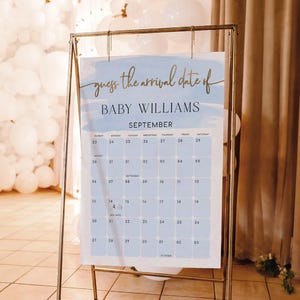 Guess The Arrival Date Game Sign, Blue Watercolour, Printable Guess The Due Date Game Baby Shower Sign, Birthday Date Calendar Guessing Game Sign