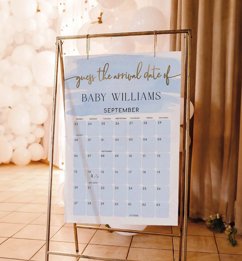 Guess The Arrival Date Game Sign, Blue Watercolour, Printable Guess The Due Date Game Baby Shower Sign, Birthday Date Calendar Guessing Game Sign