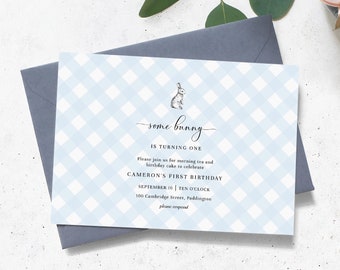 Bunny First Birthday Invitation – Blue Gingham Picnic (Printable Template)