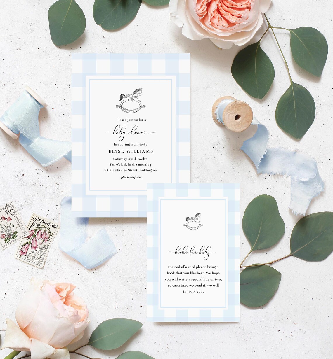 Rocking Horse Boy Baby Shower Blue Gingham Printable Etsy Australia