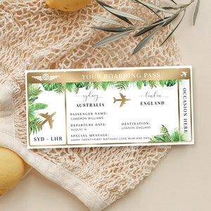 Modèle de carte d'embarquement modifiable - feuille d'or de faux billet d'avion surprise surprise - cadeau billet d'avion vacances tropicales - palmier de Nantucket
