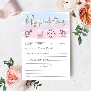 Juego de predicciones editables para bebés, juego de deseos de acuarela rosa y azul para baby shower, juego de baby shower para parejas de género neutro, papel dorado