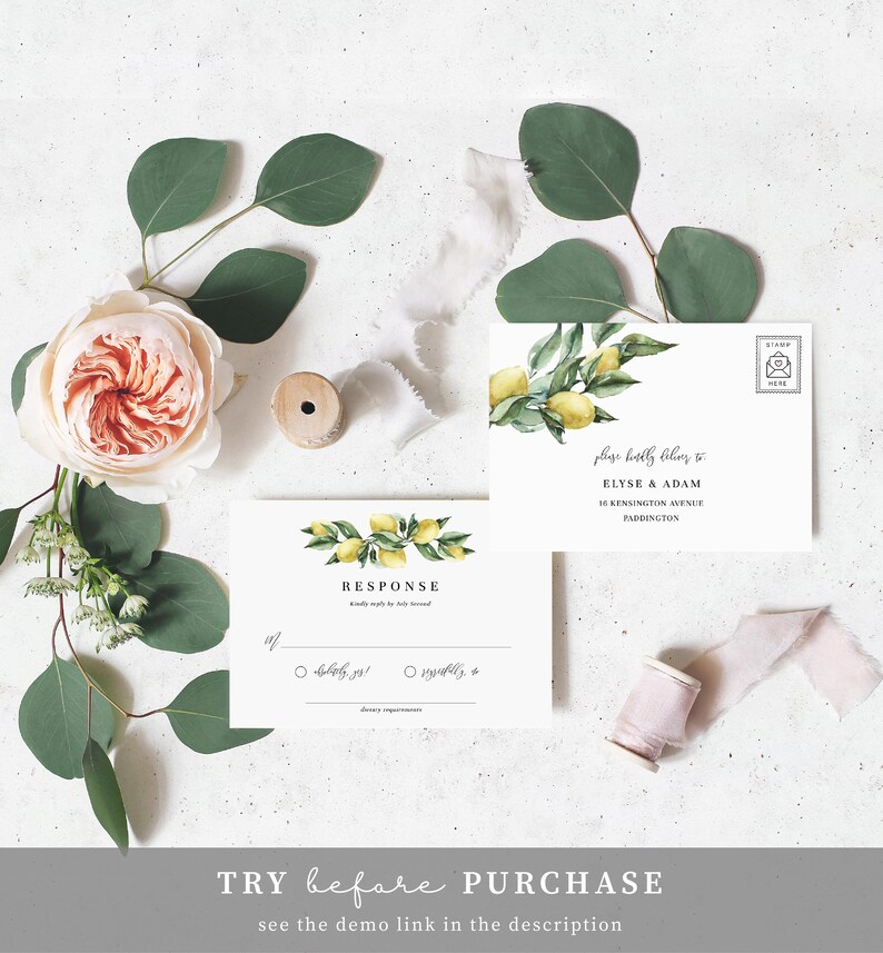 Printable Wedding Invitation Suite, Detail and RSVP Postcard,  Italian Lemons Editable Wedding Invitation Set, Italian Amalfi Lemons, Tuscan
