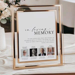 Puede incluir: Un cartel enmarcado en blanco con un borde dorado, que dice "in loving memory" y enumera los nombres y las relaciones de los seres queridos. El cartel está sobre una mesa blanca con un arreglo floral en el fondo.