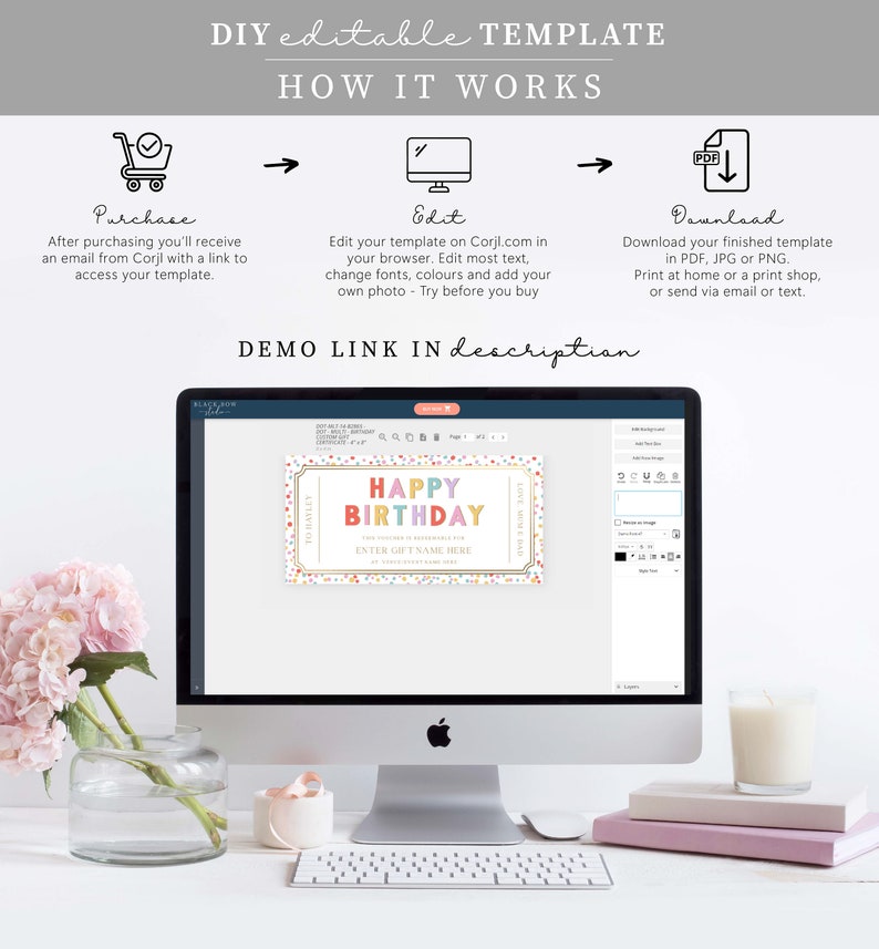 Happy Birthday Custom Gift Voucher Template, Printable Birthday Gift Certificate, Unisex Printable Birthday Gift Coupon, Multi Dot image 6