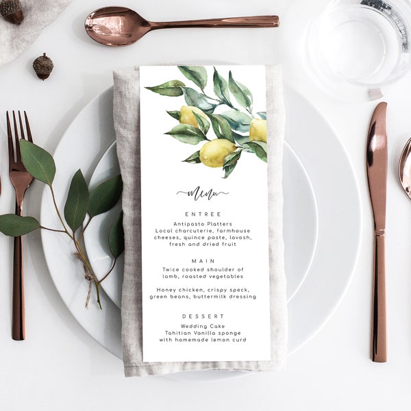 Lemon Editable Printable Menu Template - Wedding Menu - Floral Menu - DIY Menu - DIY Wedding Stationery - Amalfi Wedding - Tuscan