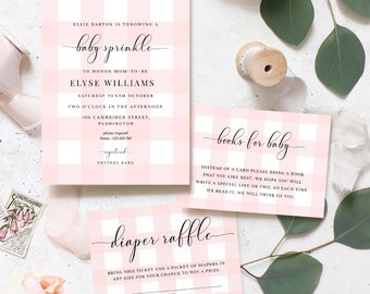Pink Gingham Baby Sprinkle Invitation, Diaper Raffle, Books for Baby (Printable)