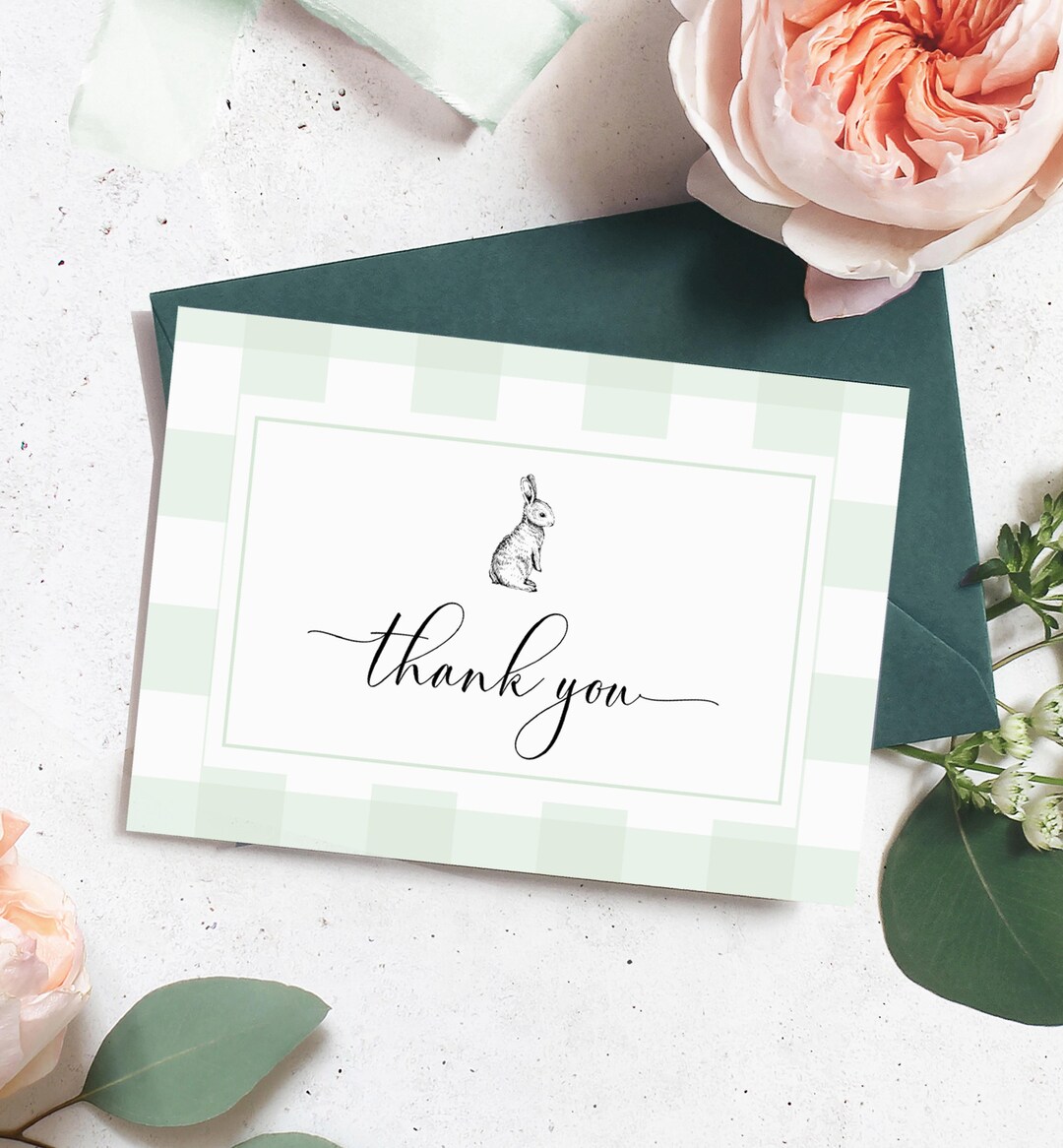 Editable Thank You Folded Card Printable Mint Green Gingham Bunny Rabbit Thank You Card Favors