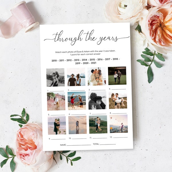 Through The Years Photo Game, How Old Were They Game, Minimalist Bridal Shower Game, Couples Shower Game, Quinn Script