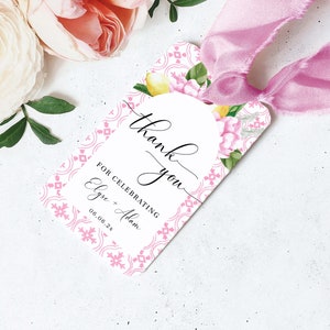 Druckbares Dankeschön Geschenkanhänger, Mittelmeer Pink Tile Zitronen, Hochzeit Dankeschön Tags, Brautparty Dankeschön Geschenkanhänger