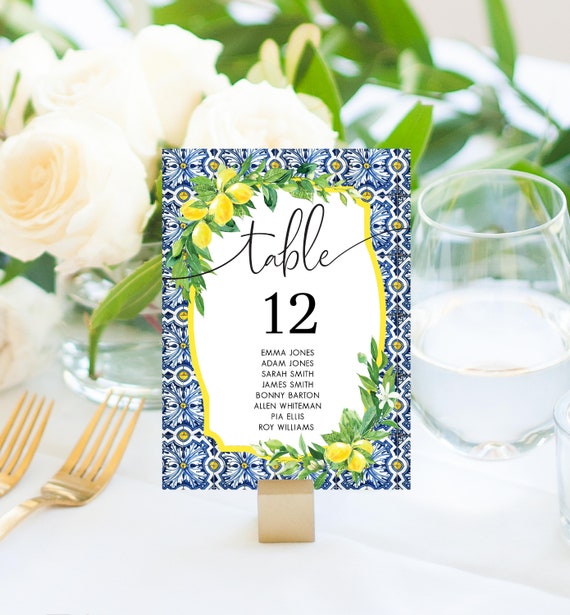 Italy Wedding Table Number Printable Editable Instant Download 044 Positano Blue Tiles Wedding Italian Lemon Table Number Template