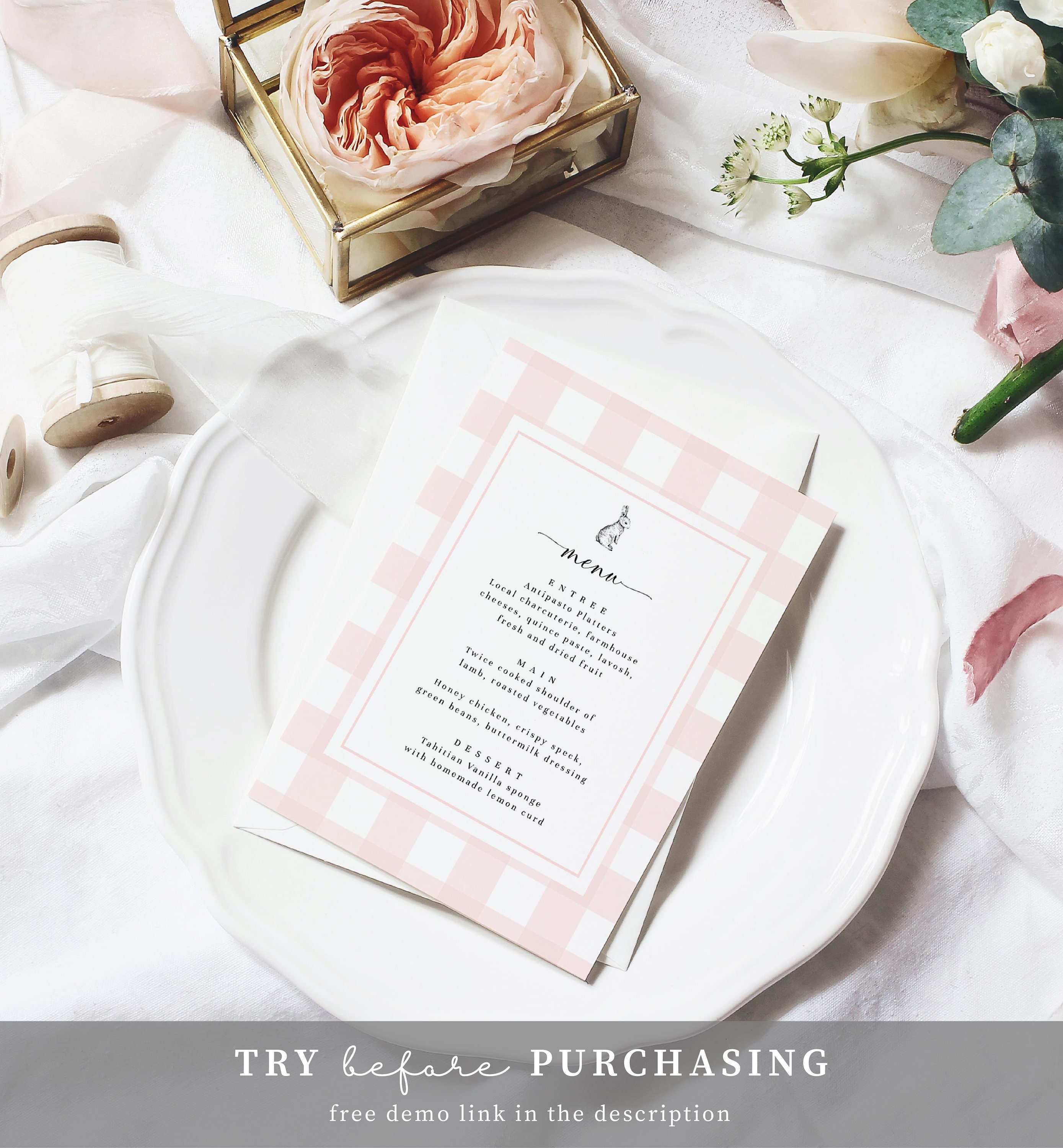 Pink Gingham Bunny Menu Card, Bunny Rabbit Baby Shower Menu, Printable ...