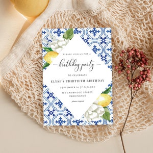 Birthday Party Mediterranean Blue Tile Invitation , Capri Lemons, Editable Italian Positano Theme Invitations, Birthday Evite, The Med