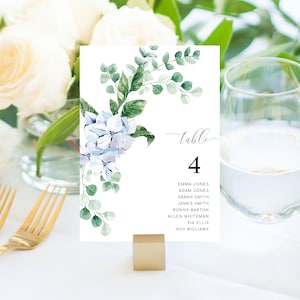 May include: Table number four wedding place card with a watercolour floral design featuring blue hydrangeas and green eucalyptus leaves. The card lists the names of guests assigned to this table: Emma Jones, Adam Jones, Sarah Smith, James Smith, Bonny Barton, Allen Whiteman, Pia Ellis, and Roy Williams.