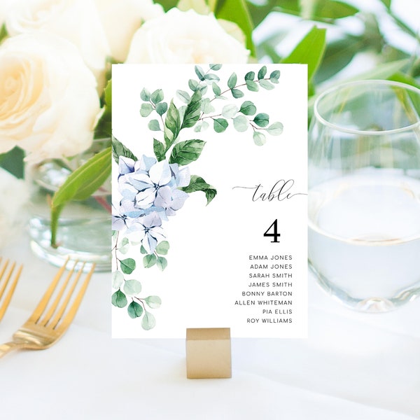 Printable Table Numbers Guest Names, Blue Hydrangea Wedding Reception Table Number, Printable Editable Seating Chart Cards, Ferras Blossom