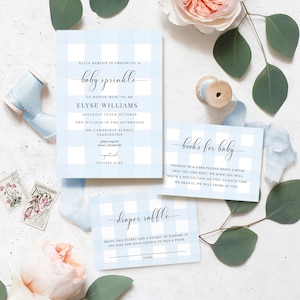 Blue Gingham Boy Baby Sprinkle Invitation, Books For Baby, Diaper Raffle Ticket, Printable Boy Baby Shower Invite, Buffalo Check Baby Shower