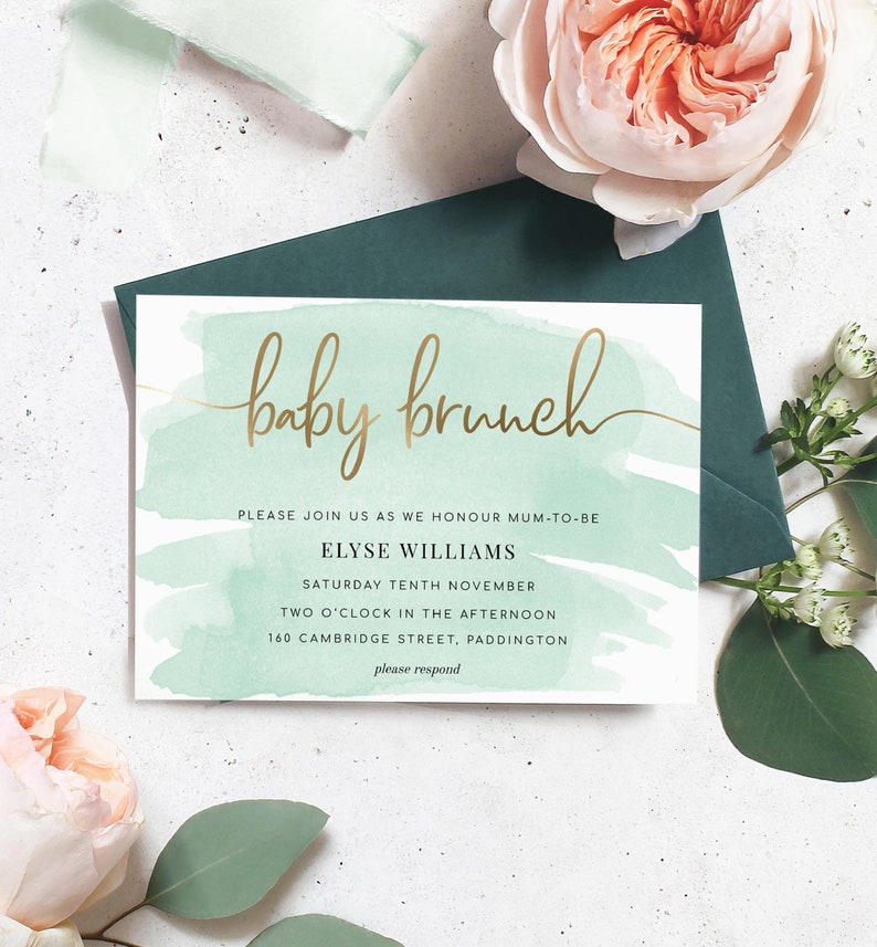 Mint Green Baby Brunch Invitation Template Gold Foil Etsy