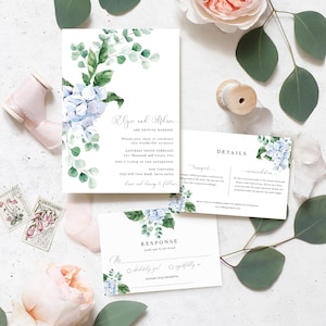 Bearbeitbare Hochzeitseinladungsreihe - Blaue Hortensie Moderne Hochzeitseinladungs-RSVP Postkarte - Moderne Blumen - Ferras Blossom