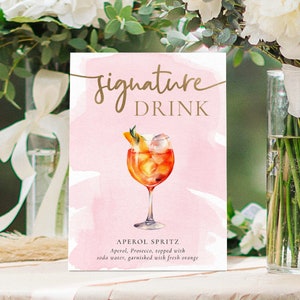 Signature Getränkekarte, druckbare Signature Cocktails Bar Schild, Brautdusche Getränkekarte, Hochzeit Getränkekarte Bar Schild, Rosa Aquarell