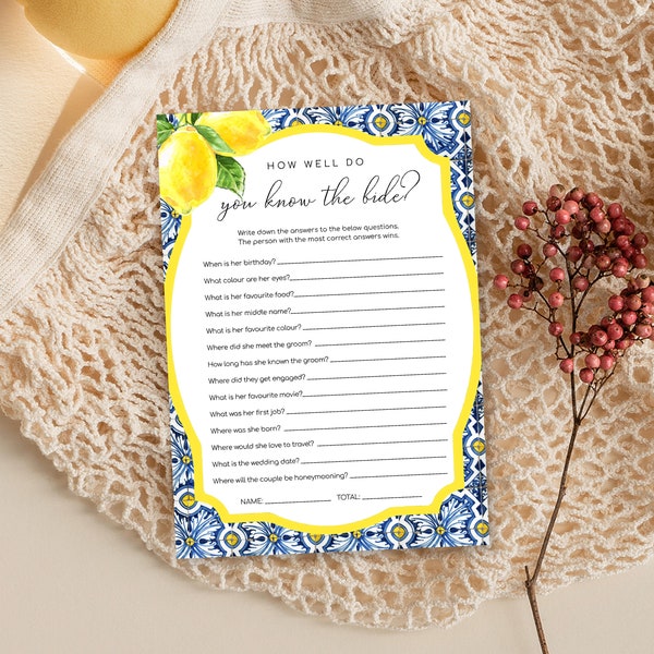 How Well Do You Know The Bride Game - Printable Lemon Bridal Shower - Italian lemons Hens Party Game - Positano Blue Tile Bridal Shower