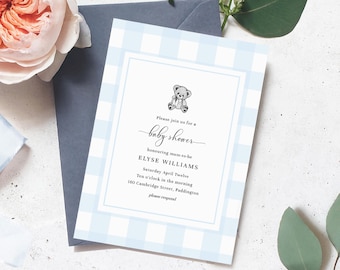 Blue Gingham Teddy Bear Baby Shower Invitation (Printable Template)