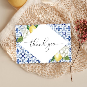 Carte de remerciement pliée imprimable - Carrelage bleu méditerranéen citrons - carte de remerciement modifiable de faveur de mariage - téléchargement immédiat - The Med